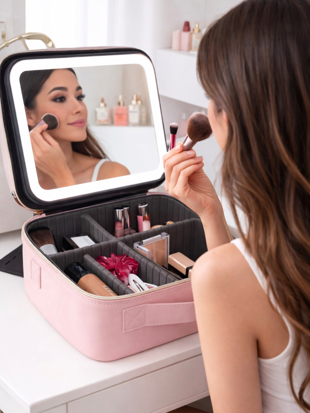Organizador de maquillaje portátil con espejo LED